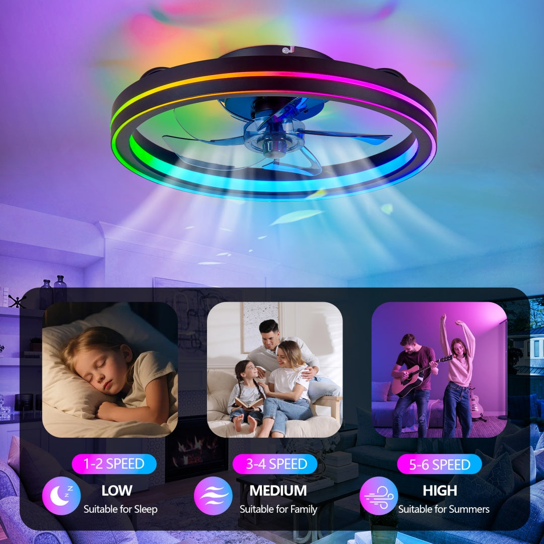 RGB Ceiling Fan With Lights, Low Profile Ceiling Fans With Lights And Remote, Flush Mount LED Fan Light, Modern Bladeless Fandelier For Bedroom Works With APP, 19IN Black