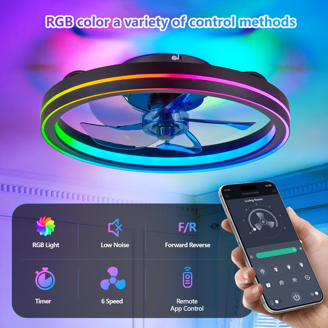 RGB Ceiling Fan With Lights, Low Profile Ceiling Fans With Lights And Remote, Flush Mount LED Fan Light, Modern Bladeless Fandelier For Bedroom Works With APP, 19IN Black