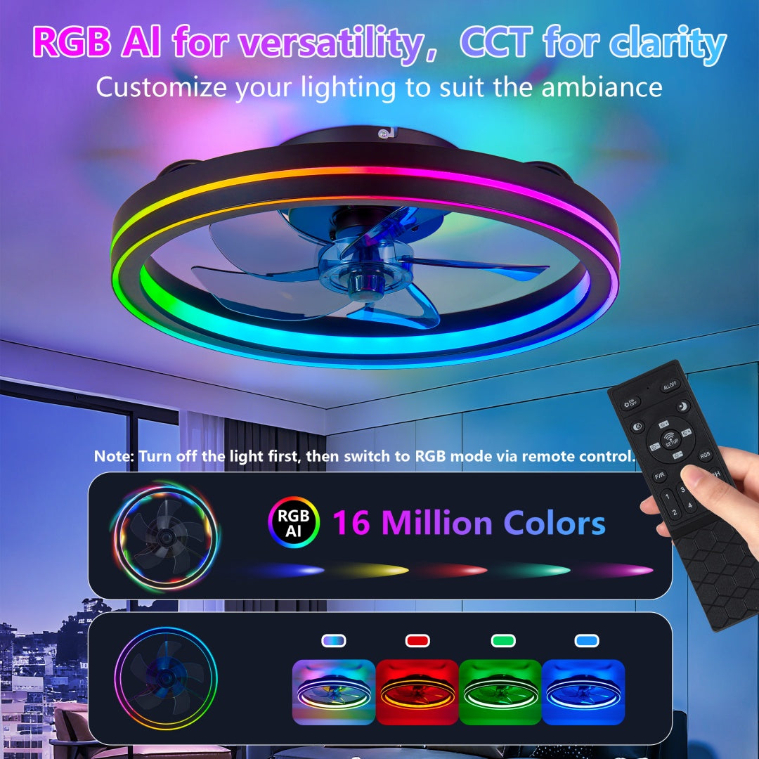 RGB Ceiling Fan With Lights, Low Profile Ceiling Fans With Lights And Remote, Flush Mount LED Fan Light, Modern Bladeless Fandelier For Bedroom Works With APP, 19IN Black