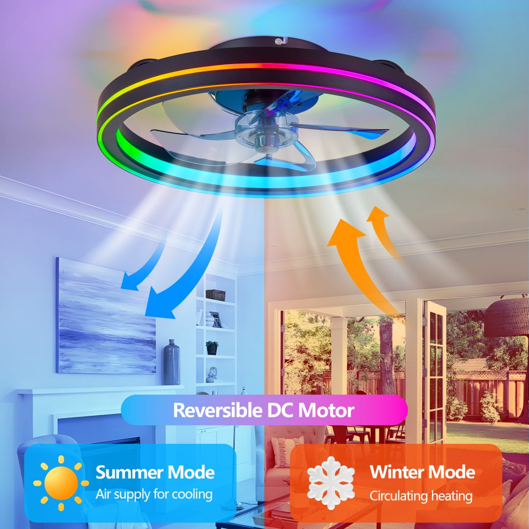 RGB Ceiling Fan With Lights, Low Profile Ceiling Fans With Lights And Remote, Flush Mount LED Fan Light, Modern Bladeless Fandelier For Bedroom Works With APP, 19IN Black