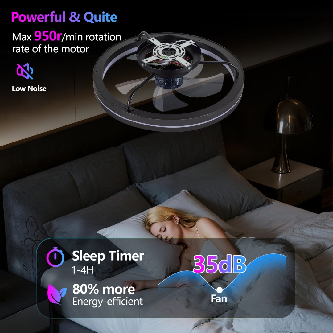 RGB Ceiling Fan With Lights, Low Profile Ceiling Fans With Lights And Remote, Flush Mount LED Fan Light, Modern Bladeless Fandelier For Bedroom Works With APP, 19IN Black