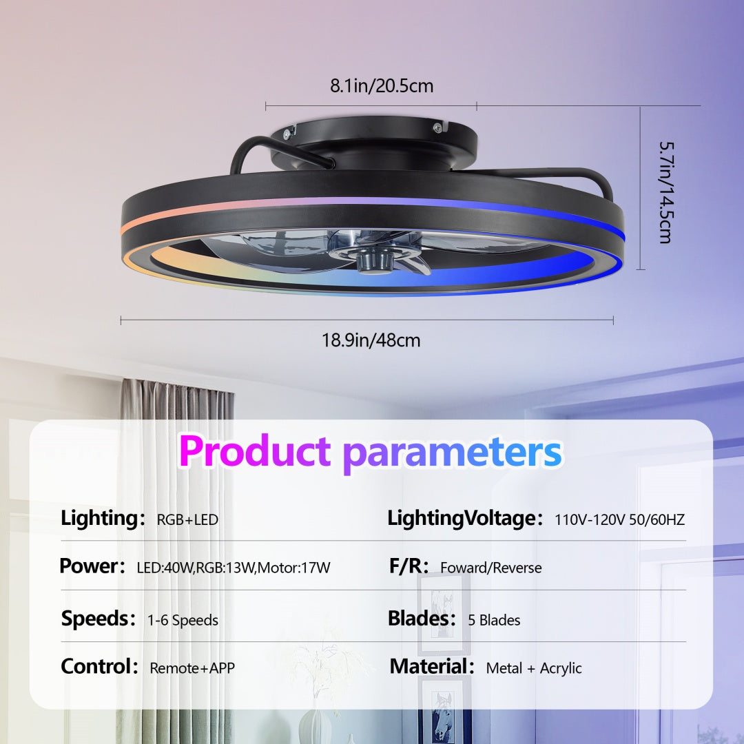RGB Ceiling Fan With Lights, Low Profile Ceiling Fans With Lights And Remote, Flush Mount LED Fan Light, Modern Bladeless Fandelier For Bedroom Works With APP, 19IN Black