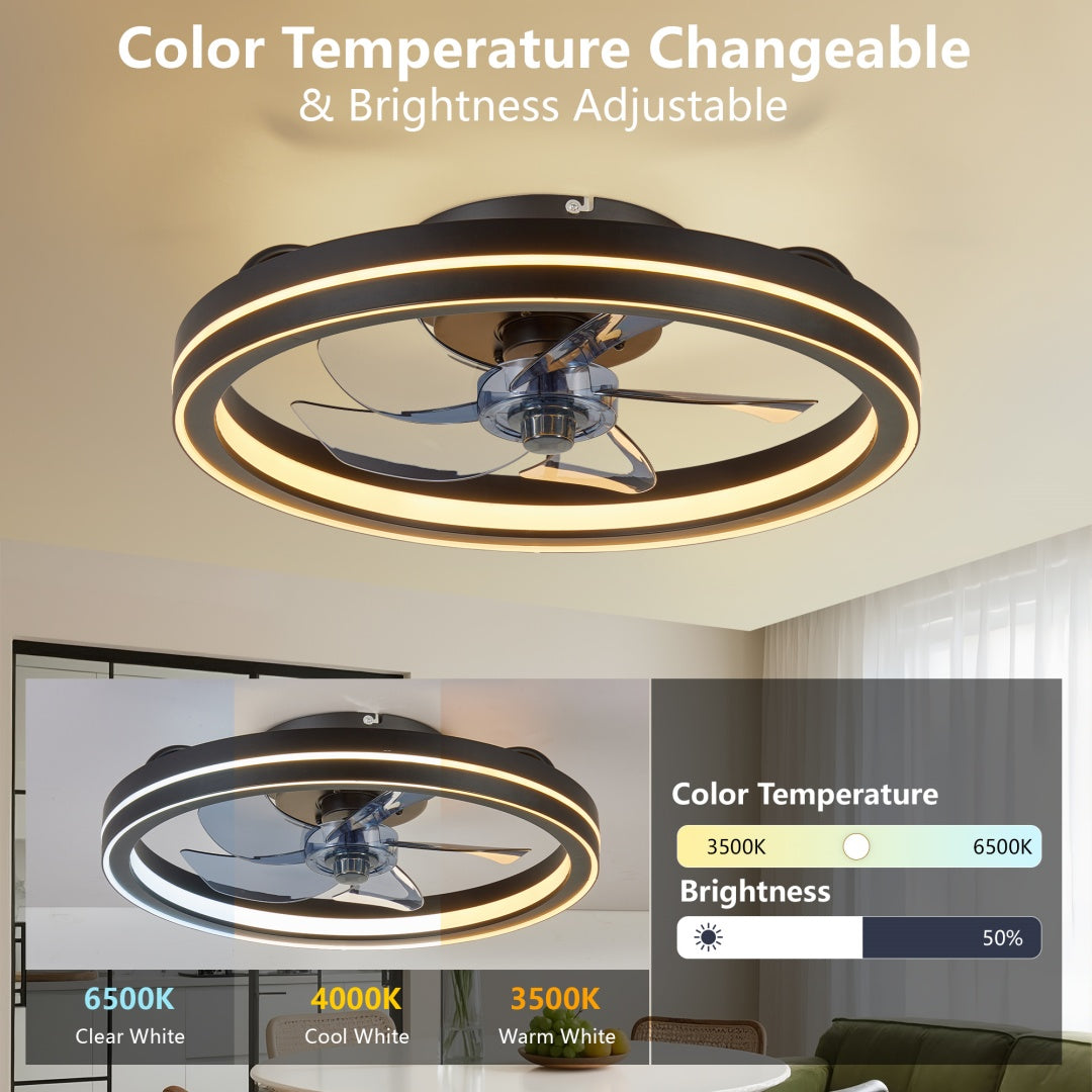 RGB Ceiling Fan With Lights, Low Profile Ceiling Fans With Lights And Remote, Flush Mount LED Fan Light, Modern Bladeless Fandelier For Bedroom Works With APP, 19IN Black