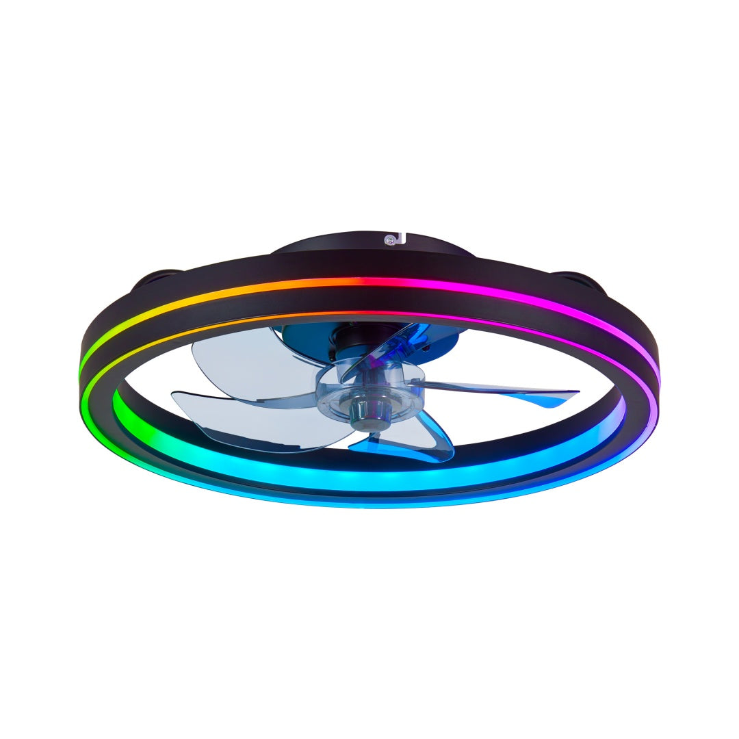 RGB Ceiling Fan With Lights, Low Profile Ceiling Fans With Lights And Remote, Flush Mount LED Fan Light, Modern Bladeless Fandelier For Bedroom Works With APP, 19IN Black